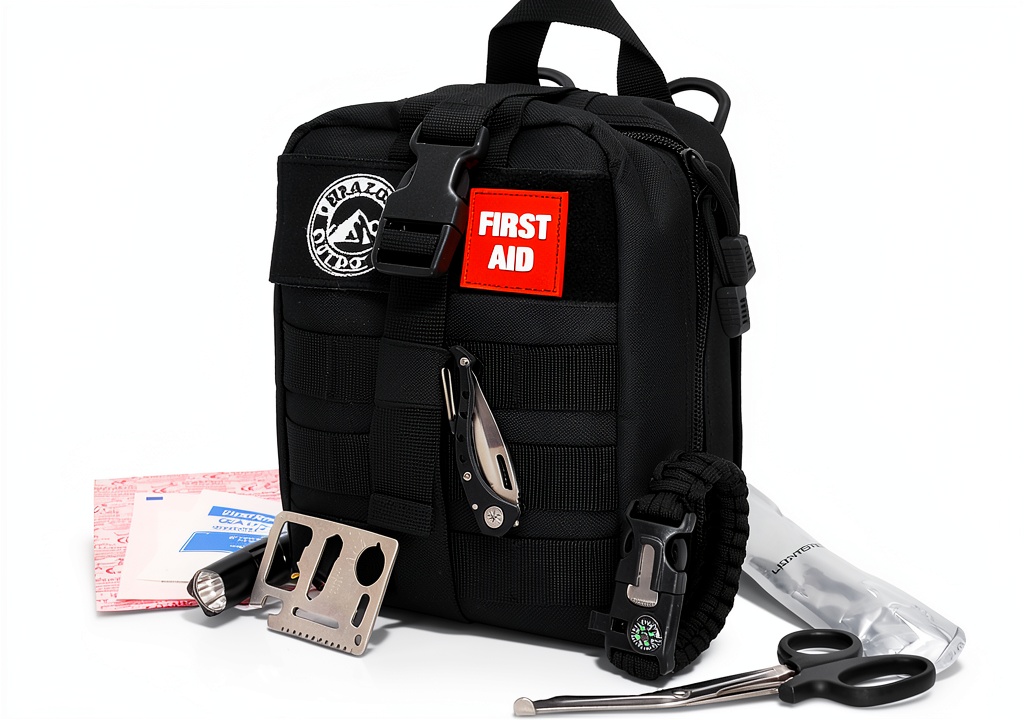 HealthSmart 250 Piece Hiking First Aid Kit laid out on a forest trail, showing all components